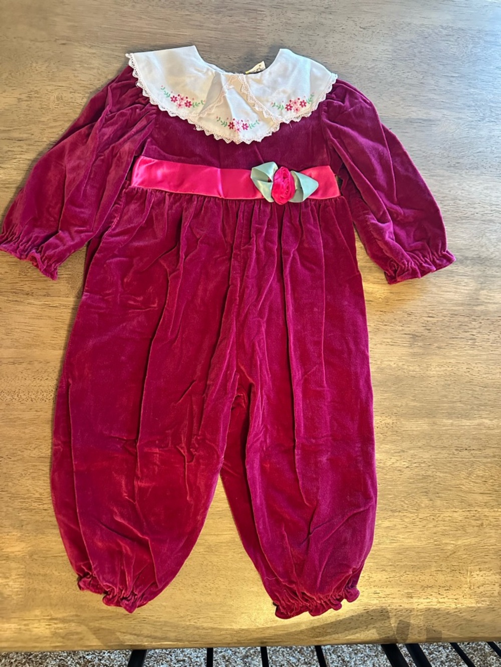 Vintage Velvet bubble Romper Lace Collar Red/Rose girls 2T embroidered Frilly